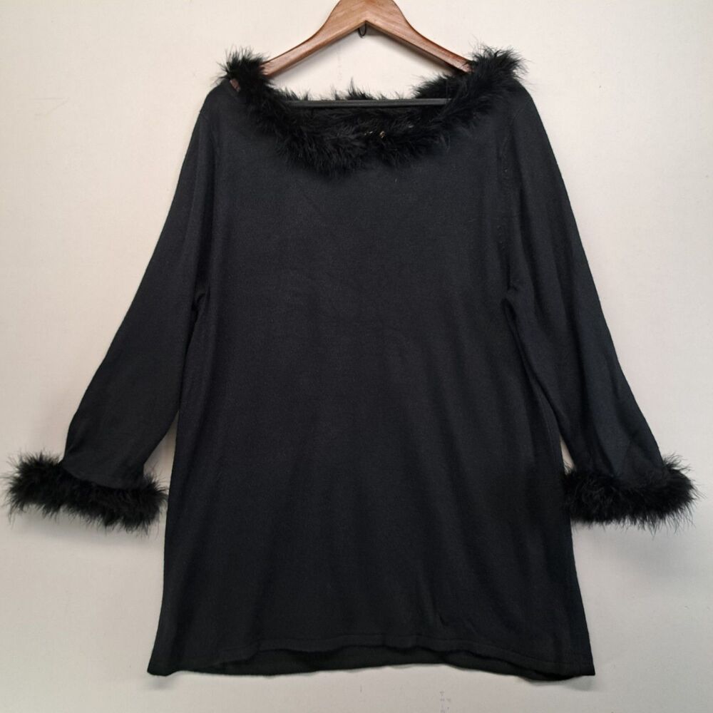 Original Anthony 1X XL Black Blouse Top Faux Feather Trim Cuffs Neckline